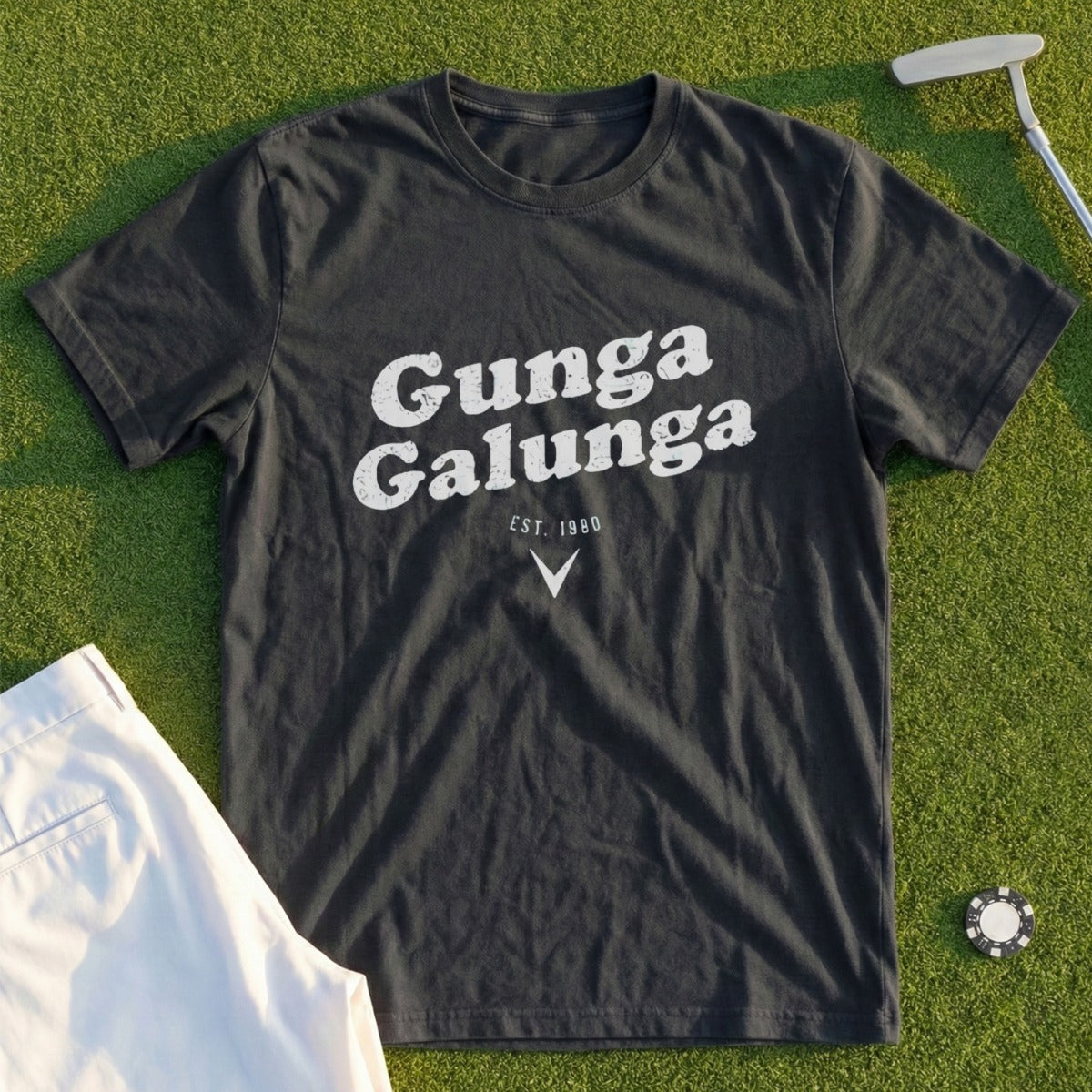 Dark grey t-shirt with "Gunga Galunga EST. 1980" in white distressed text.