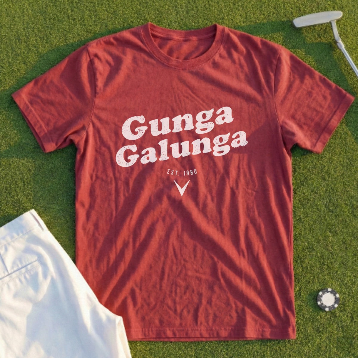 Burgundy t-shirt with "Gunga Galunga EST. 1980" in distressed white text.