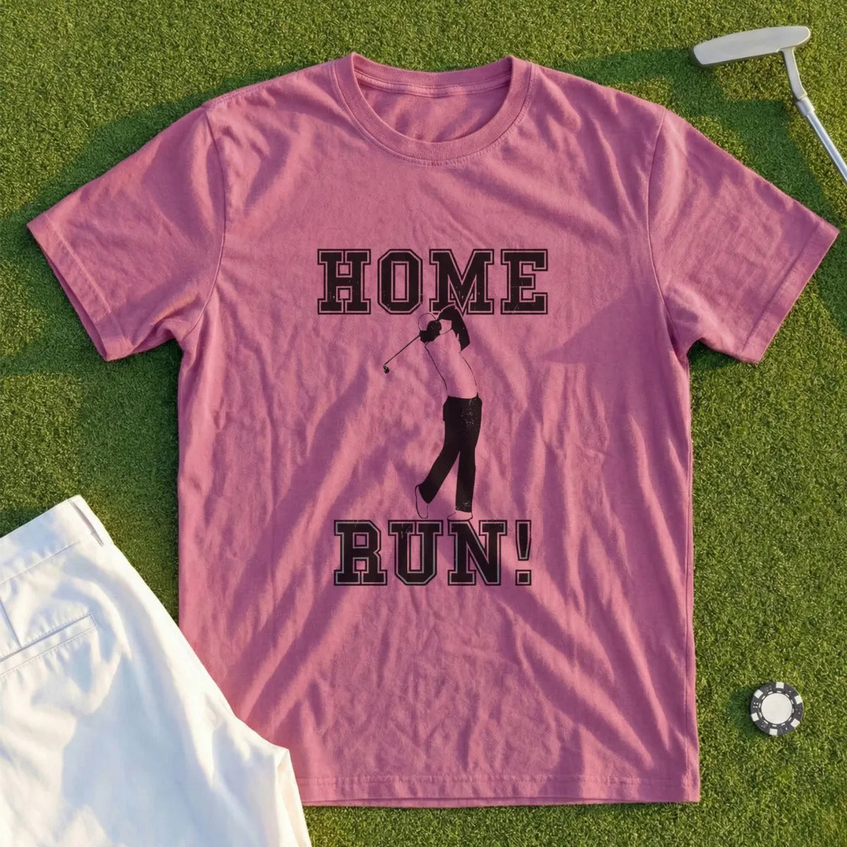 Rose t-shirt with "HOME RUN!" text and golfer graphic.