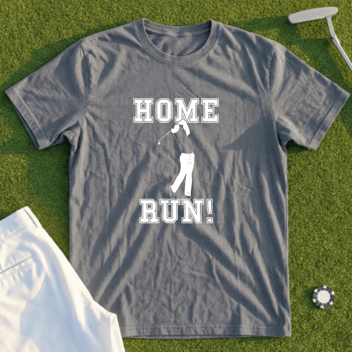 Grey t-shirt with "HOME RUN!" text and golfer graphic.