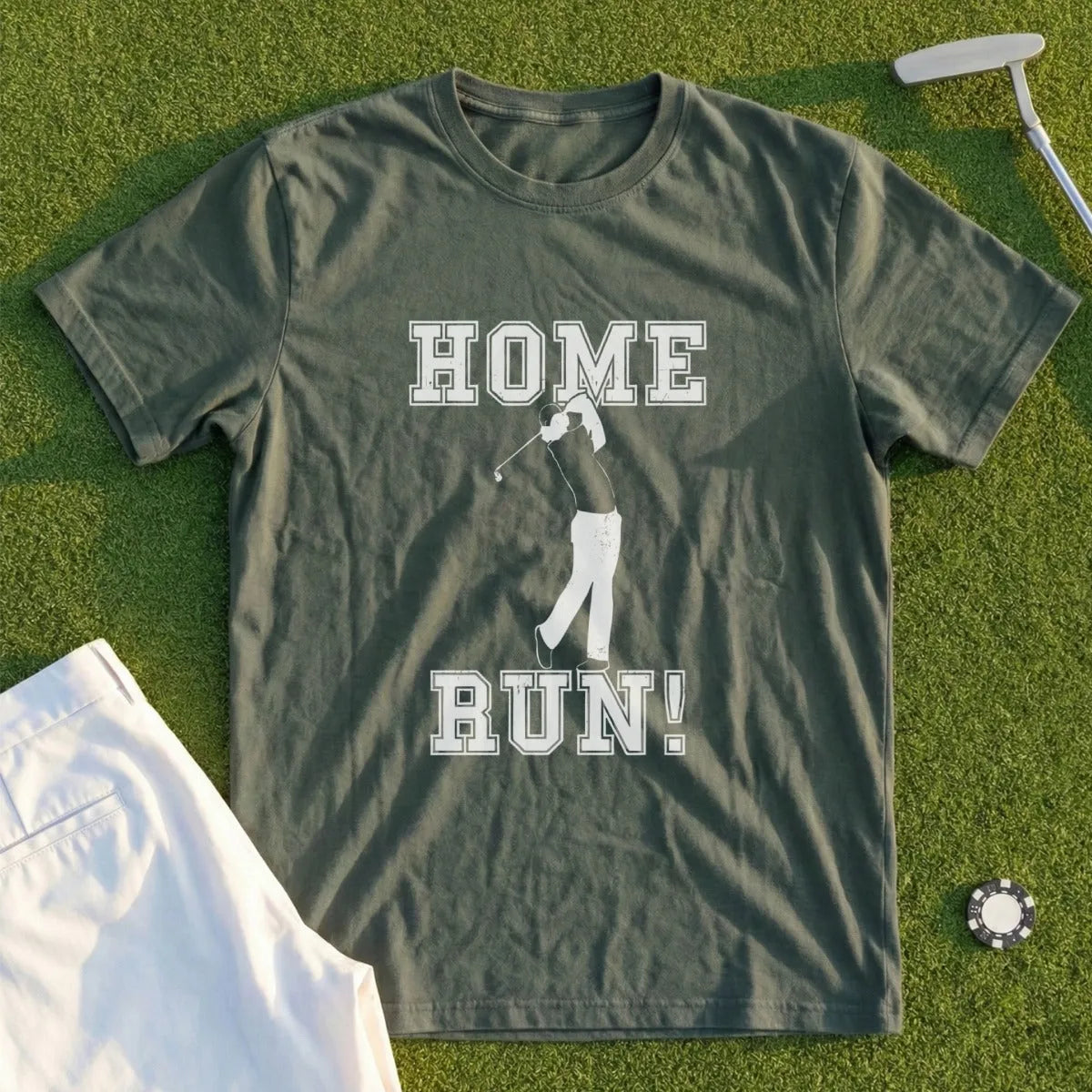 Green t-shirt with a golfer and "HOME RUN!" text.