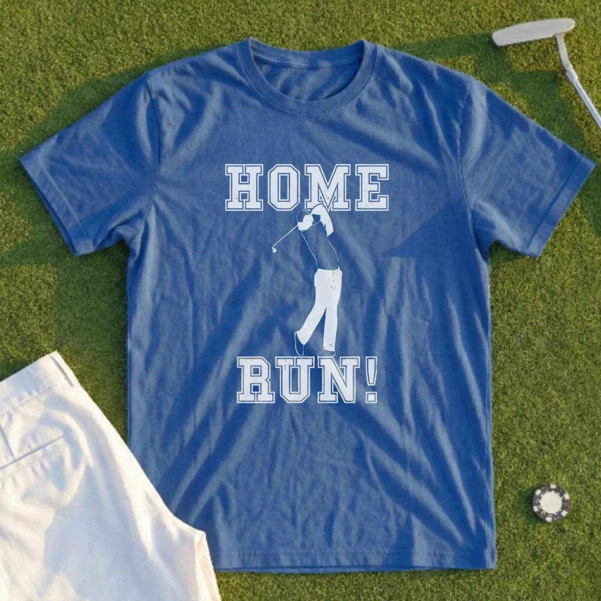 Blue t-shirt with "HOME RUN!" text and a golfer graphic.