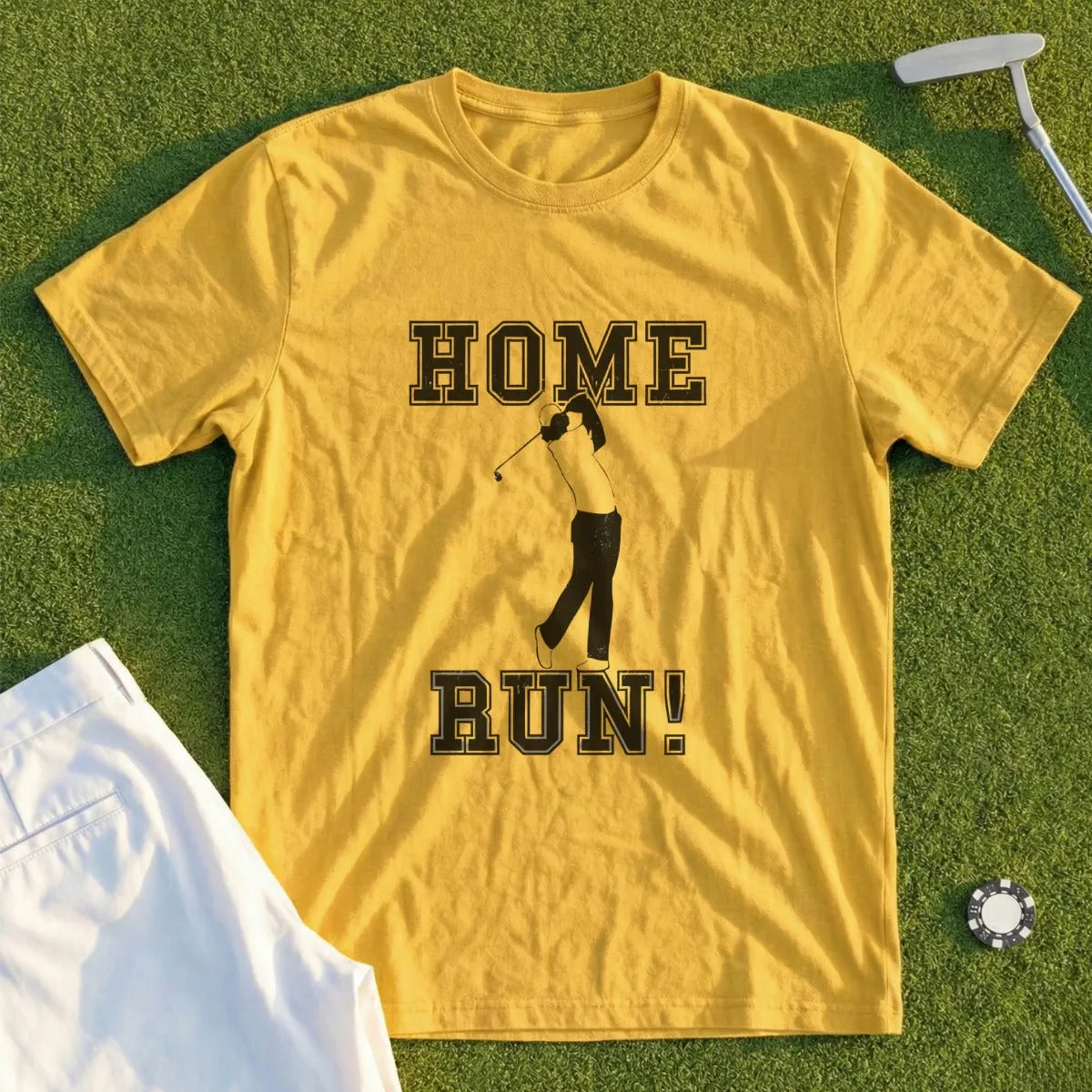 Yellow t-shirt with "HOME RUN!" and golfer graphic.