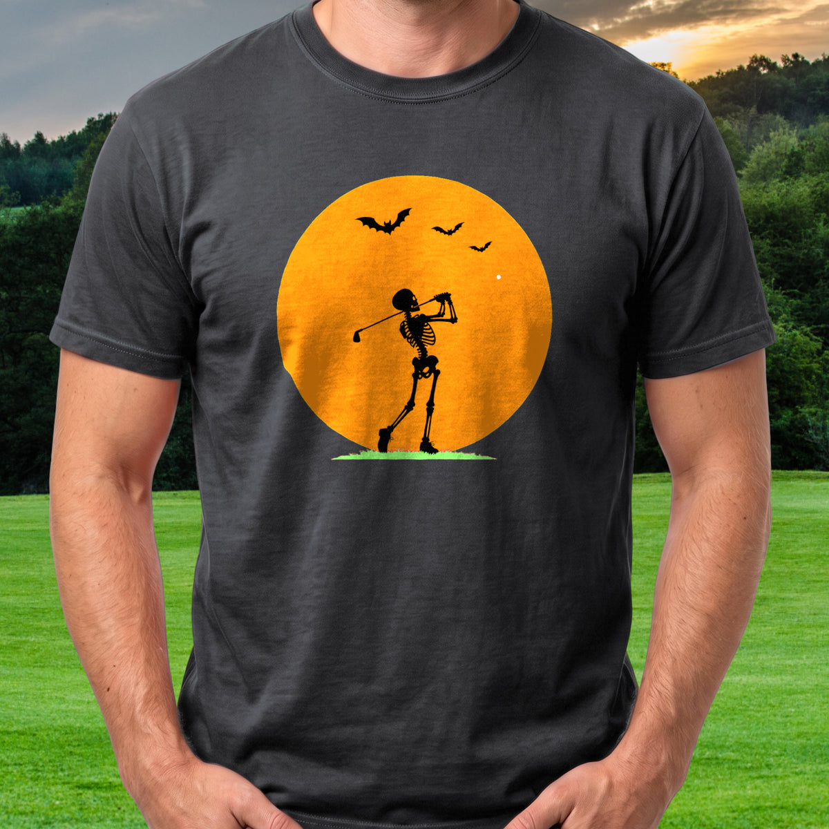 Halloween Moon Tee worn on the golf course, Black