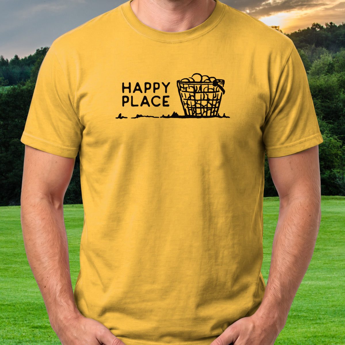 Happy Place Tee worn on the golf course, Daisy