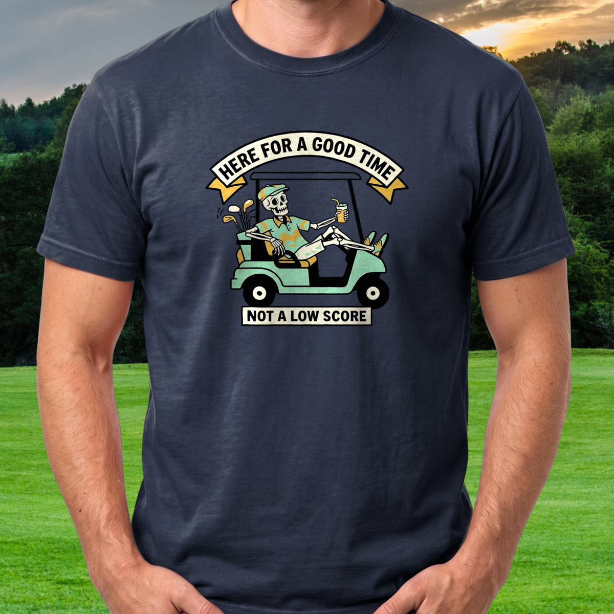 Here For A Good Time Tee worn on the golf course, Navy