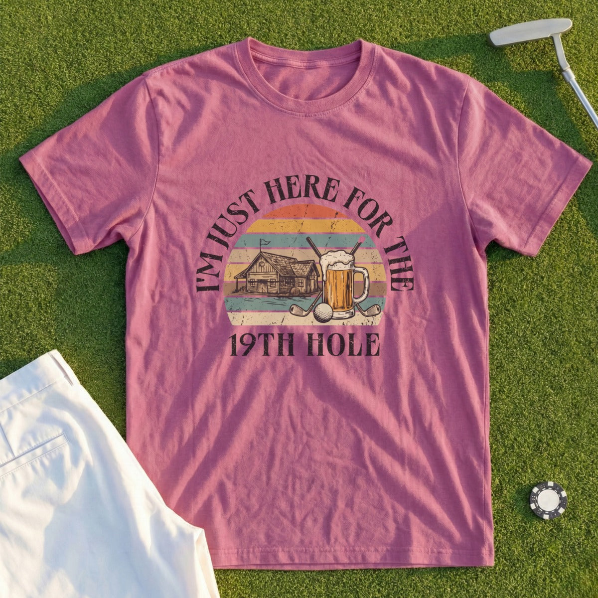 T-shirt with "I'm just here for the 19th hole" text and a golf scene.