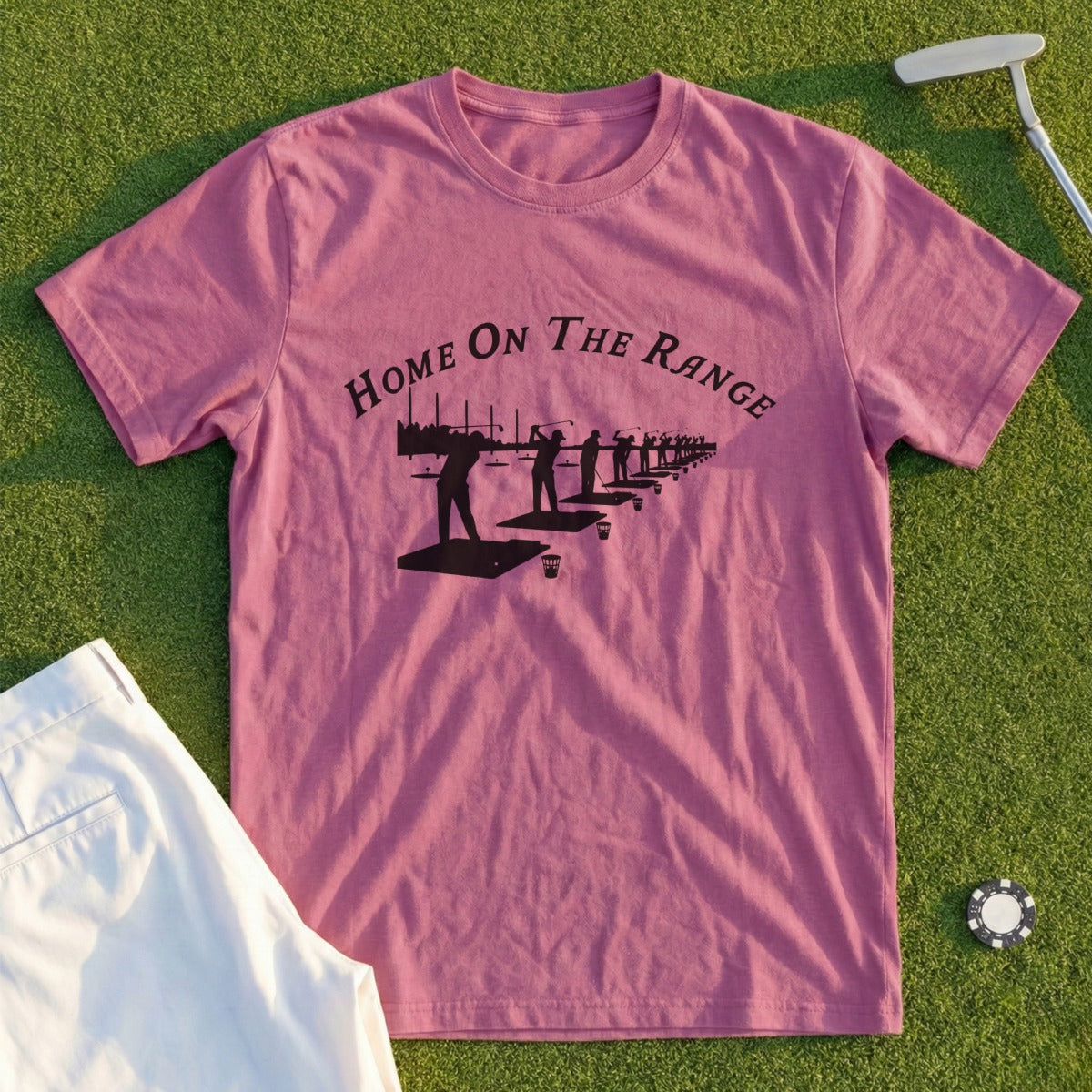 Rose t-shirt with "HOME ON THE RANGE" text and golf figures.