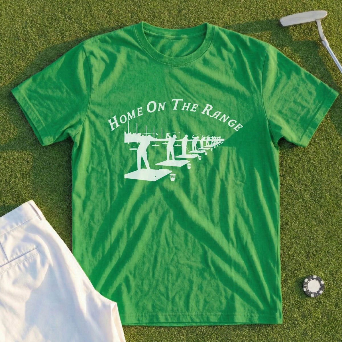 Green t-shirt with "Home On The Range" text and golf scene graphic.