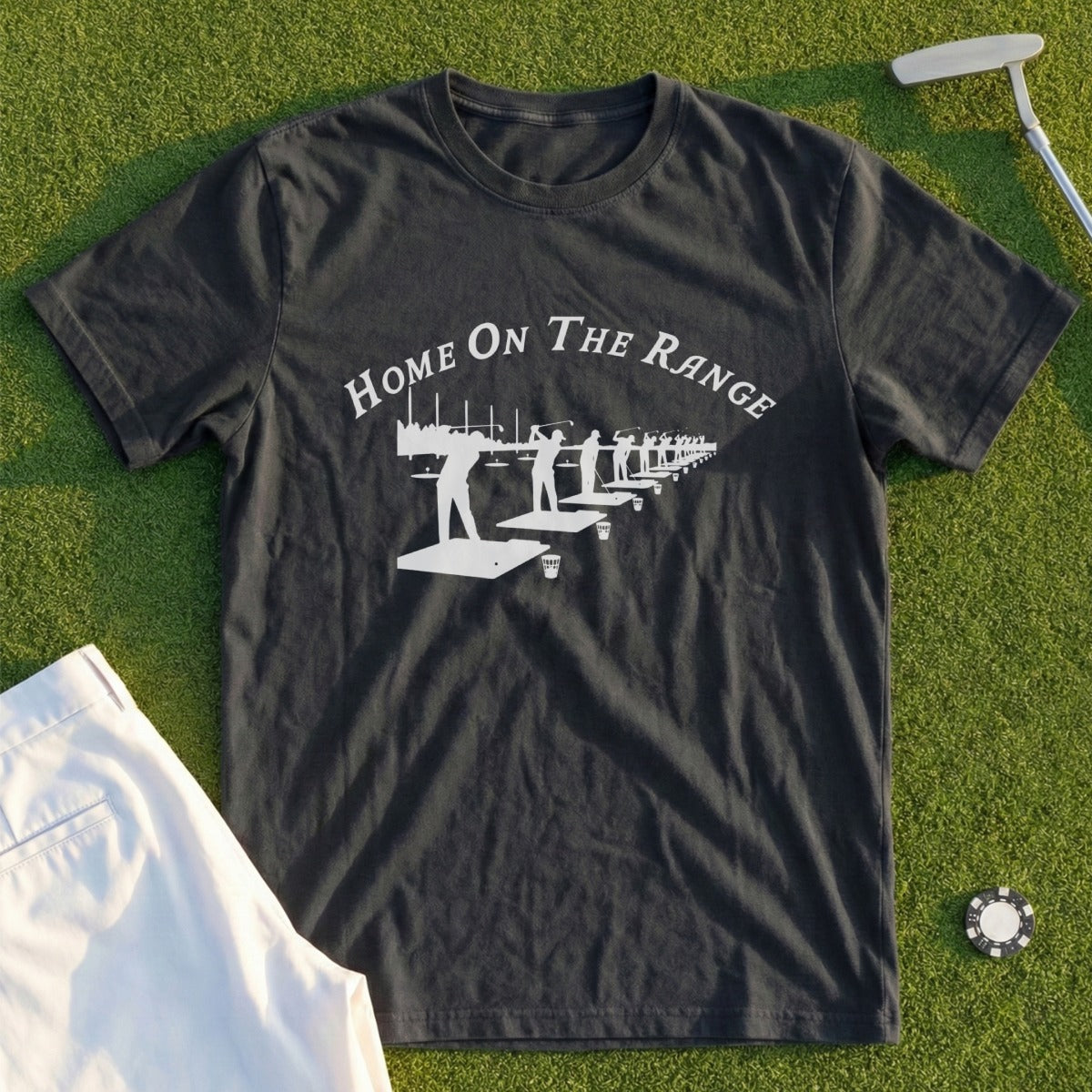 Dark t-shirt with "Home On The Range" and golf players on driving range graphic.