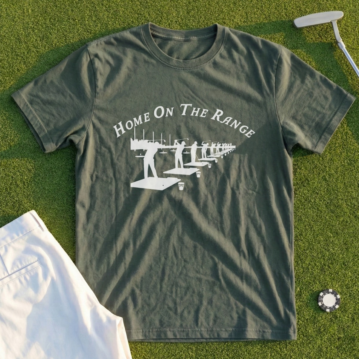Olive green t-shirt with "Home On The Range" and golf tee graphics.