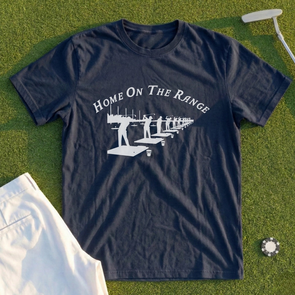 Navy t-shirt with "Home On The Range" graphic of golfers at a driving range.