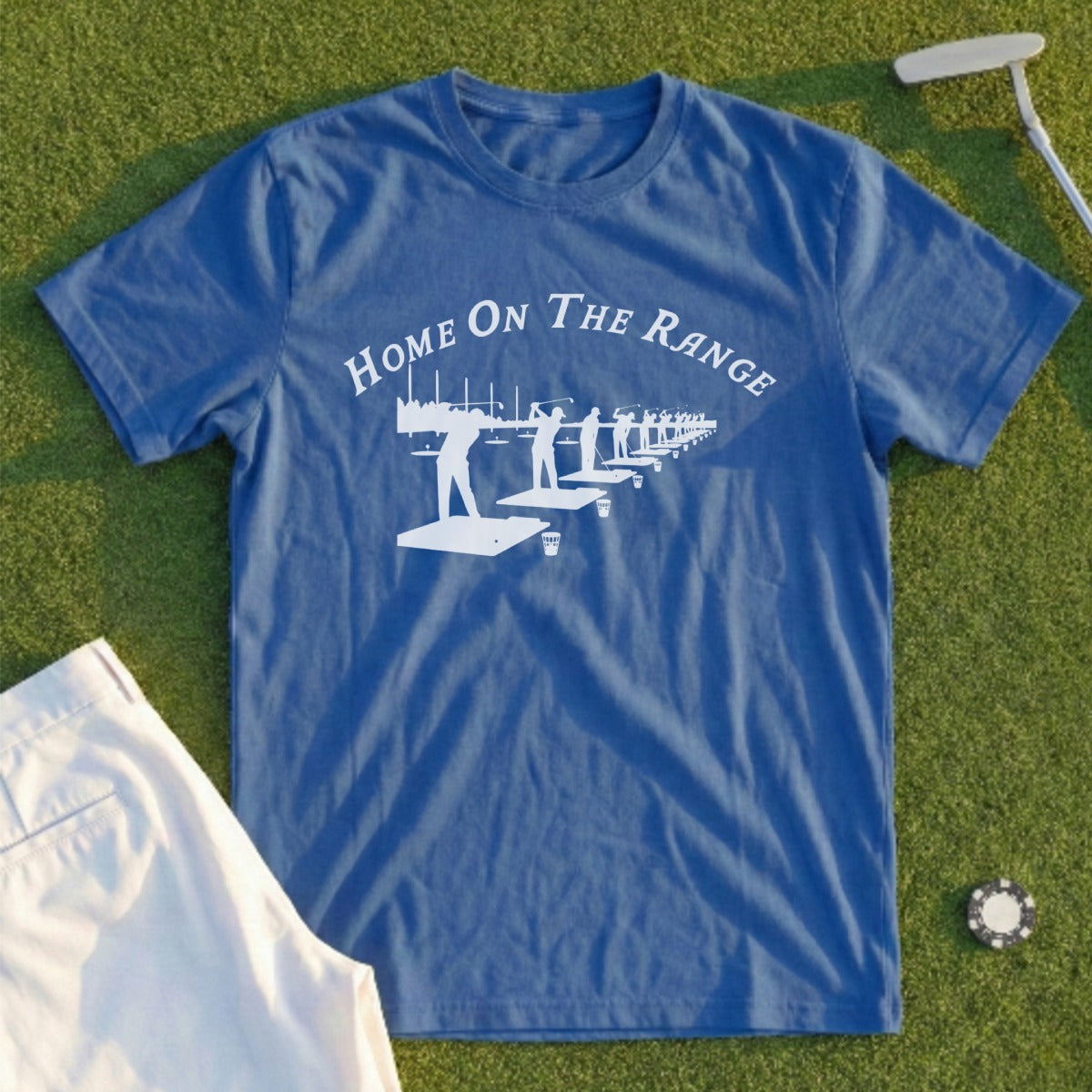 Blue t-shirt with "Home On The Range" text and golf players graphic.