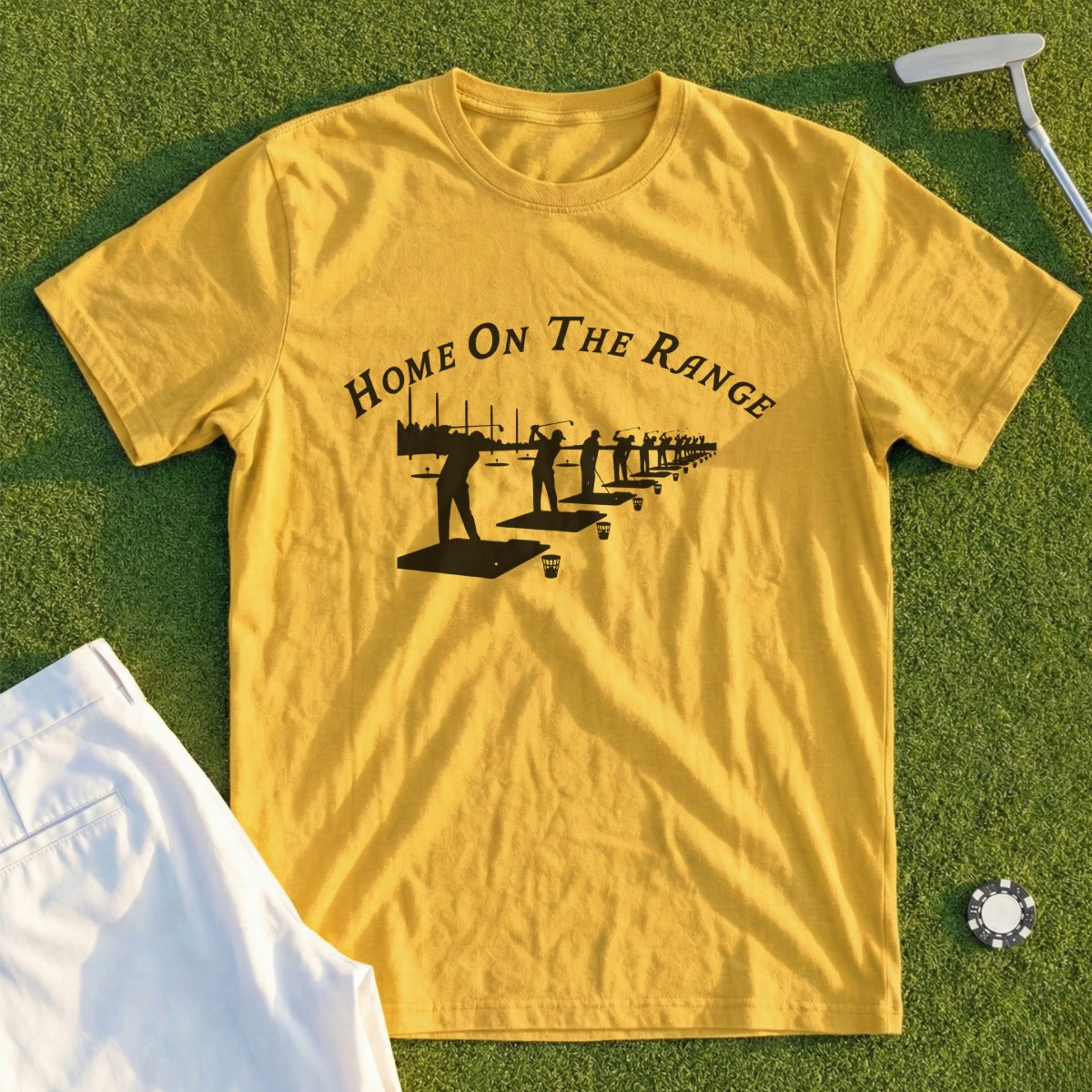 Yellow t-shirt with "Home On The Range" and golf scene graphic.