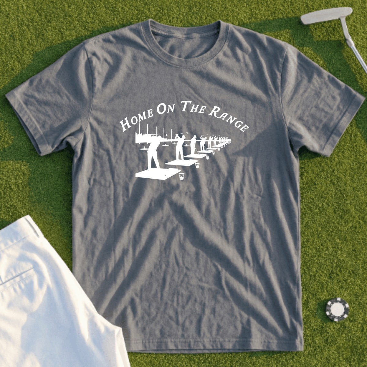 Gray t-shirt with "Home On The Range" text and golf practice scene graphic.