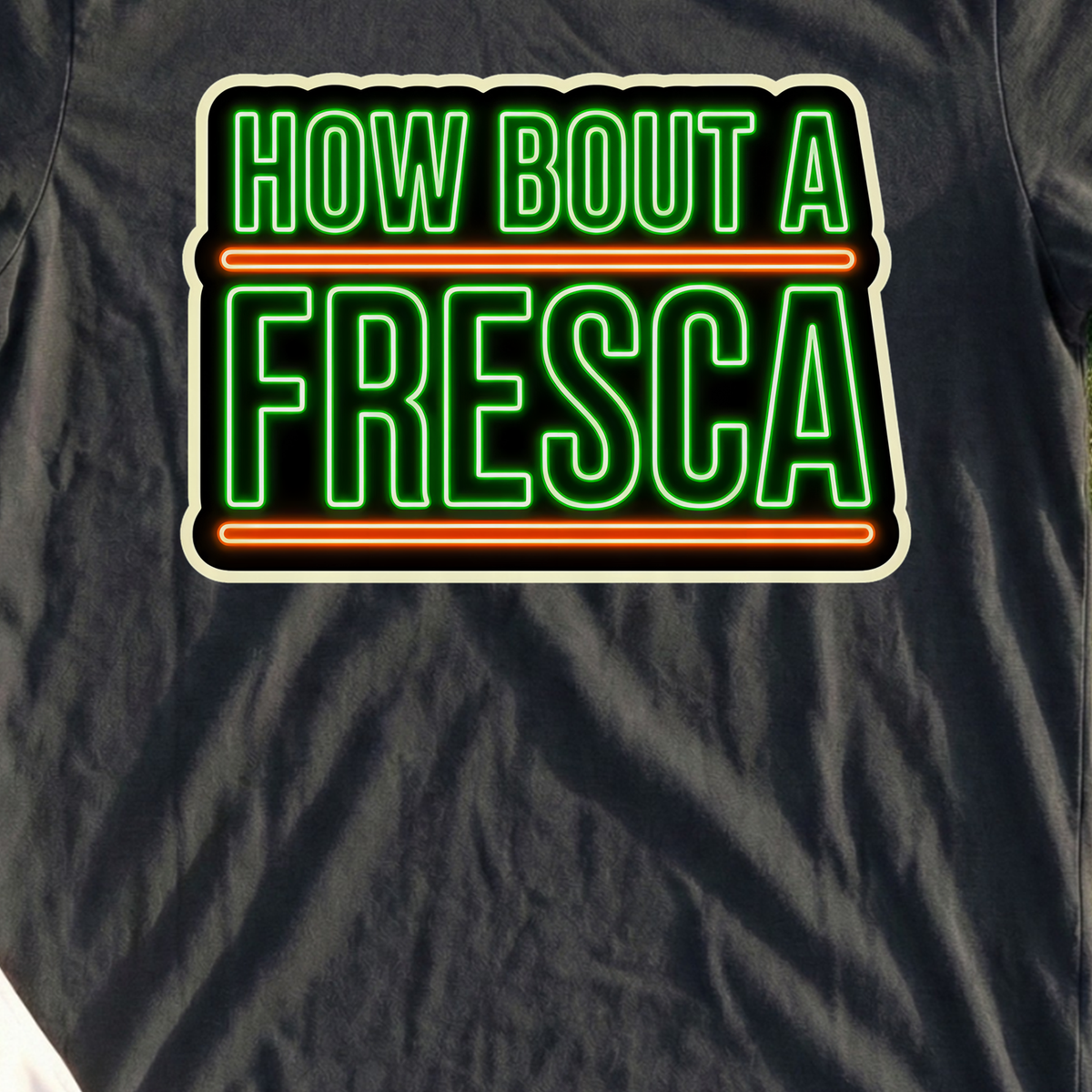 How Bout A Fresca Tee, print close-up on Black