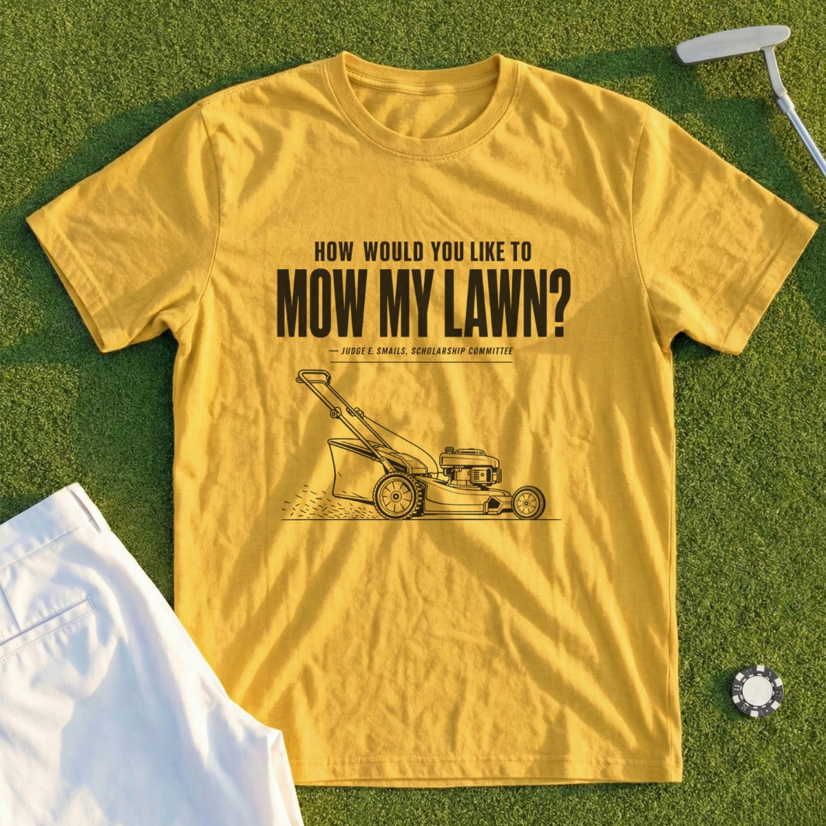 Yellow t-shirt with lawnmower graphic and text "How would you like to mow my lawn?".