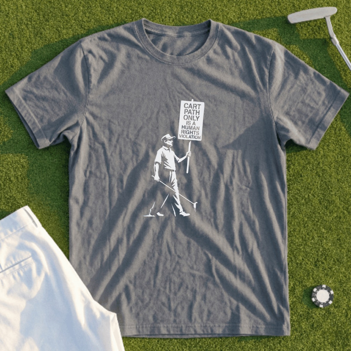 Grey t-shirt with graphic of golfer holding a sign stating "Cart Path Only. It's a human rights violation."
