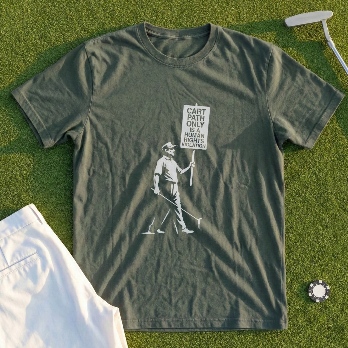 Green t-shirt with stencil-style graphic of a golfer holding a sign.