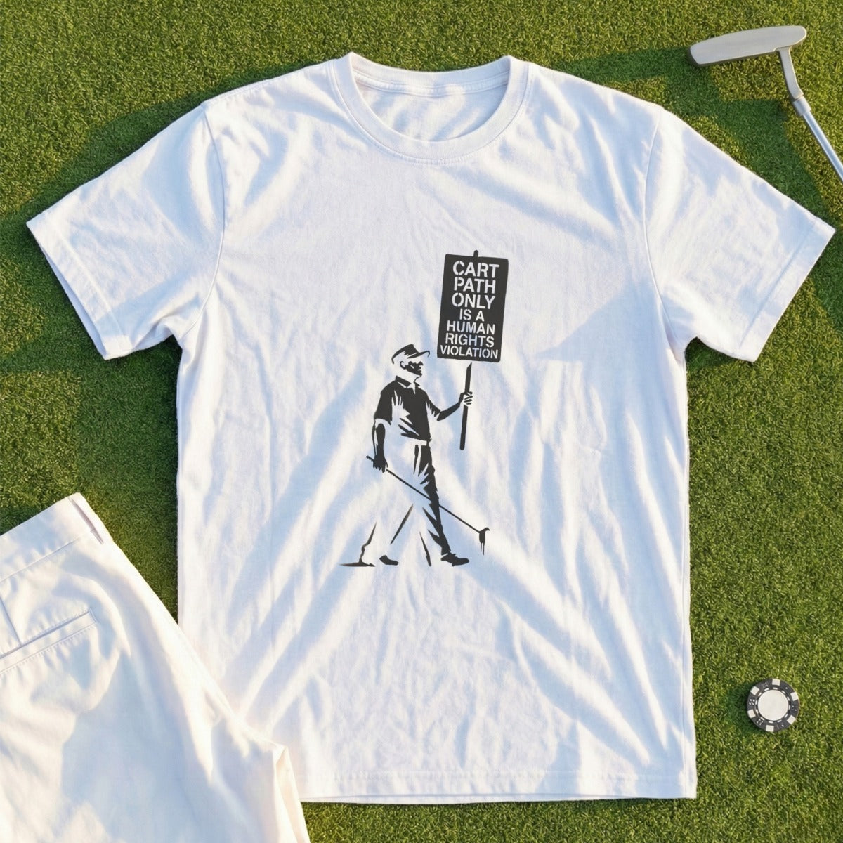 White t-shirt with stencil art of golfer holding protest sign.