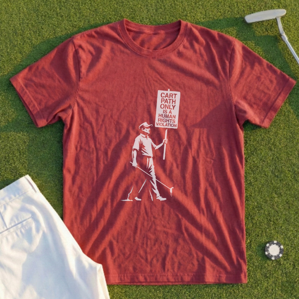 Maroon t-shirt with illustration of golfer and text "Cart path only is human violation".