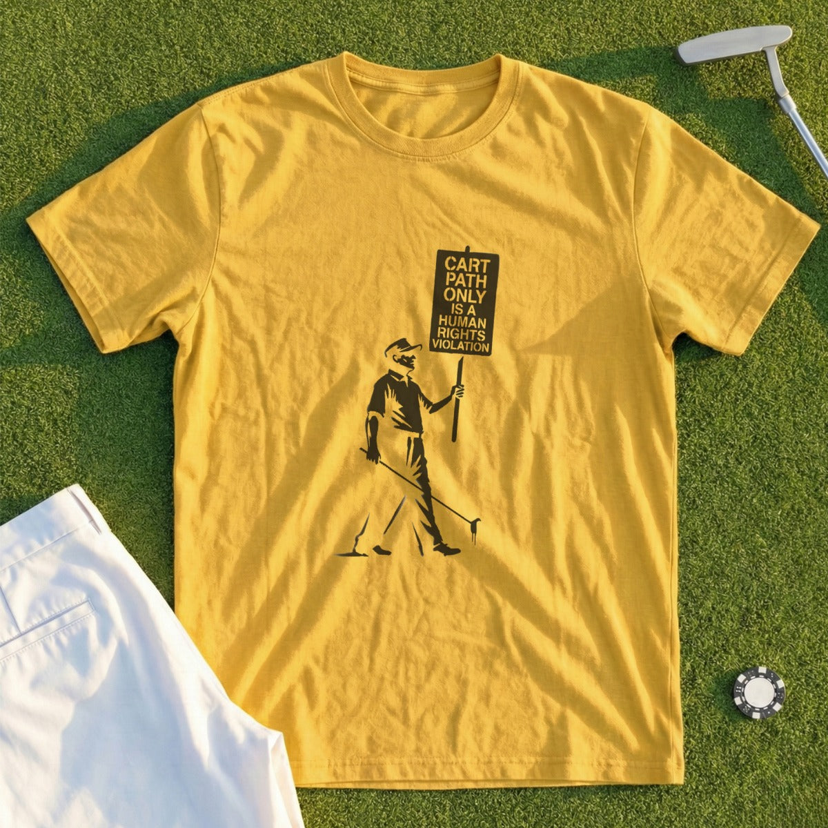 Yellow t-shirt with silhouette of golfer holding sign: "Cart path only is a human rights violation."