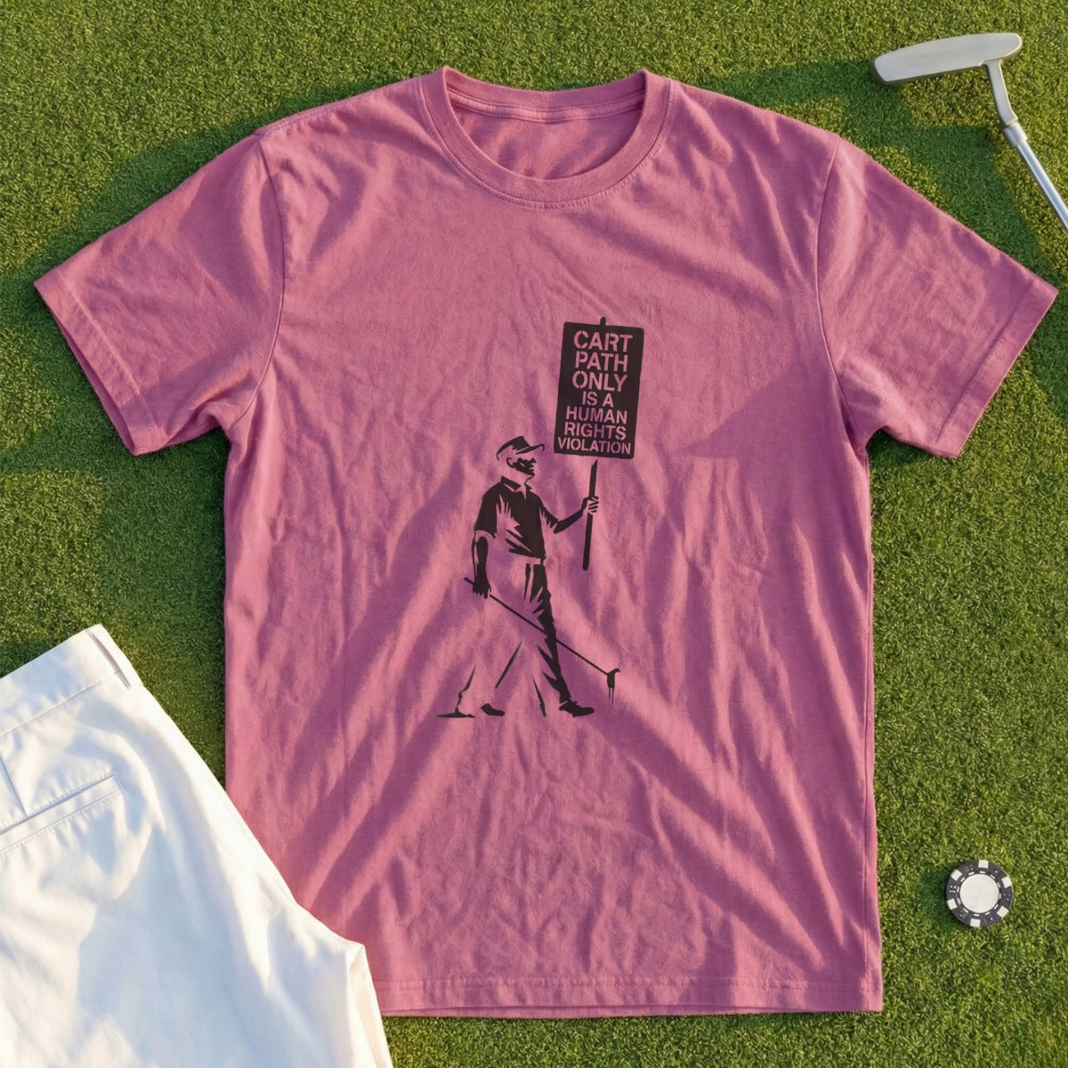 T-shirt with a golfer and "Cart Path Only is a Human Rights Violation" text.