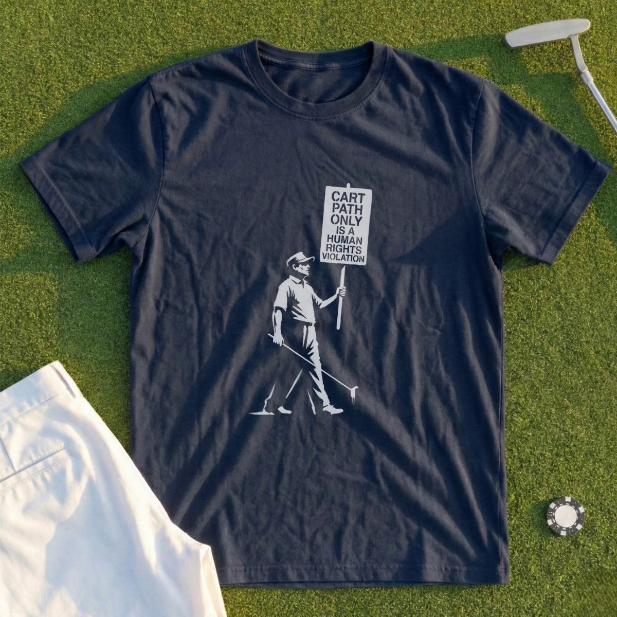 Dark blue t-shirt with graphic of golfer holding sign: "Cart path only is human rights violation."