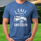 I Call Shotgun Tee worn on the golf course, Royal