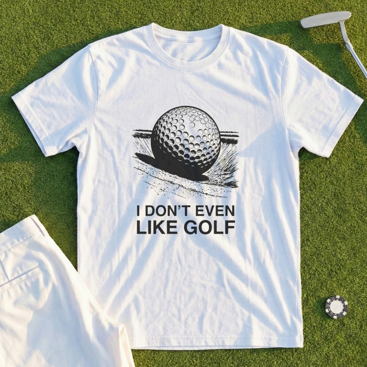 White t-shirt with a graphic of a golf ball and the text "I DON'T EVEN LIKE GOLF".
