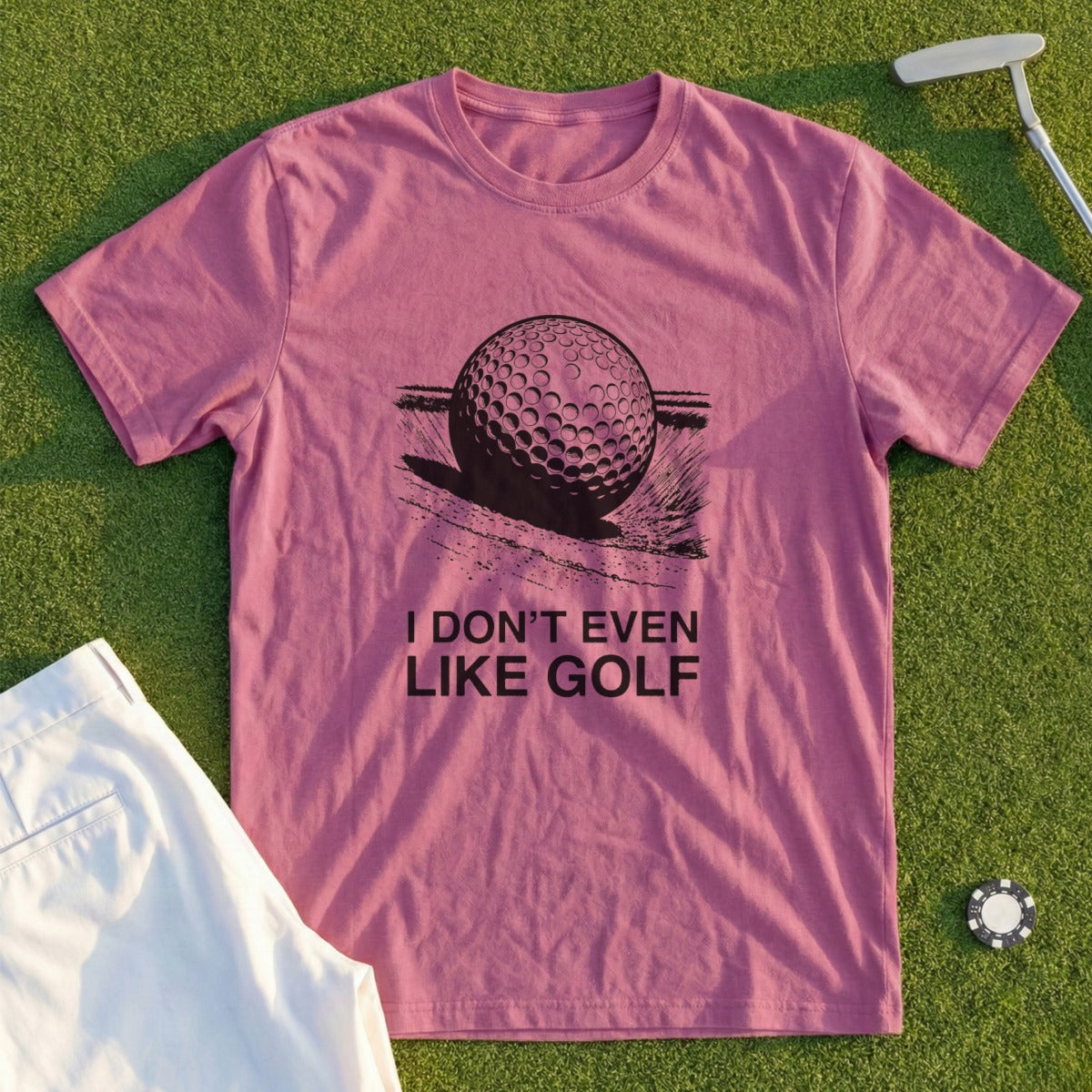 Pink t-shirt with a golf ball and "I DON'T EVEN LIKE GOLF" text.