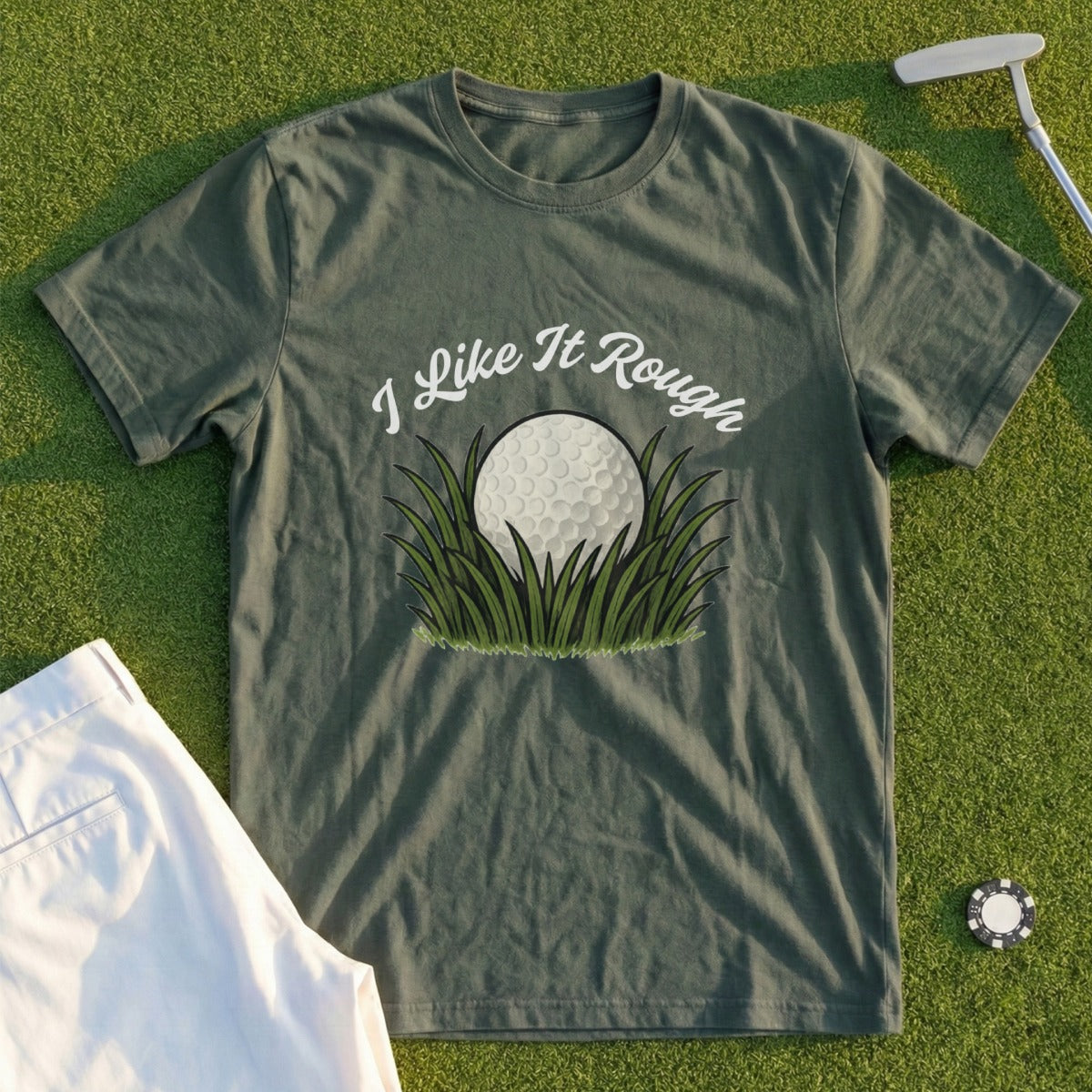 Olive green t-shirt with "I Like It Rough" and a golf ball in grass graphic.
