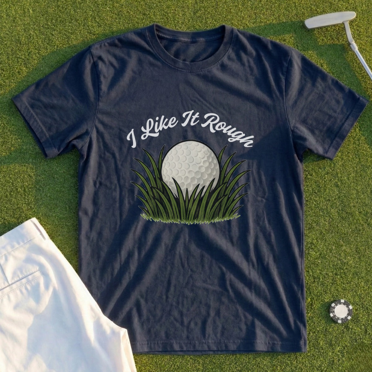 Navy t-shirt with "I Like It Rough" and a golf ball in grass graphic.