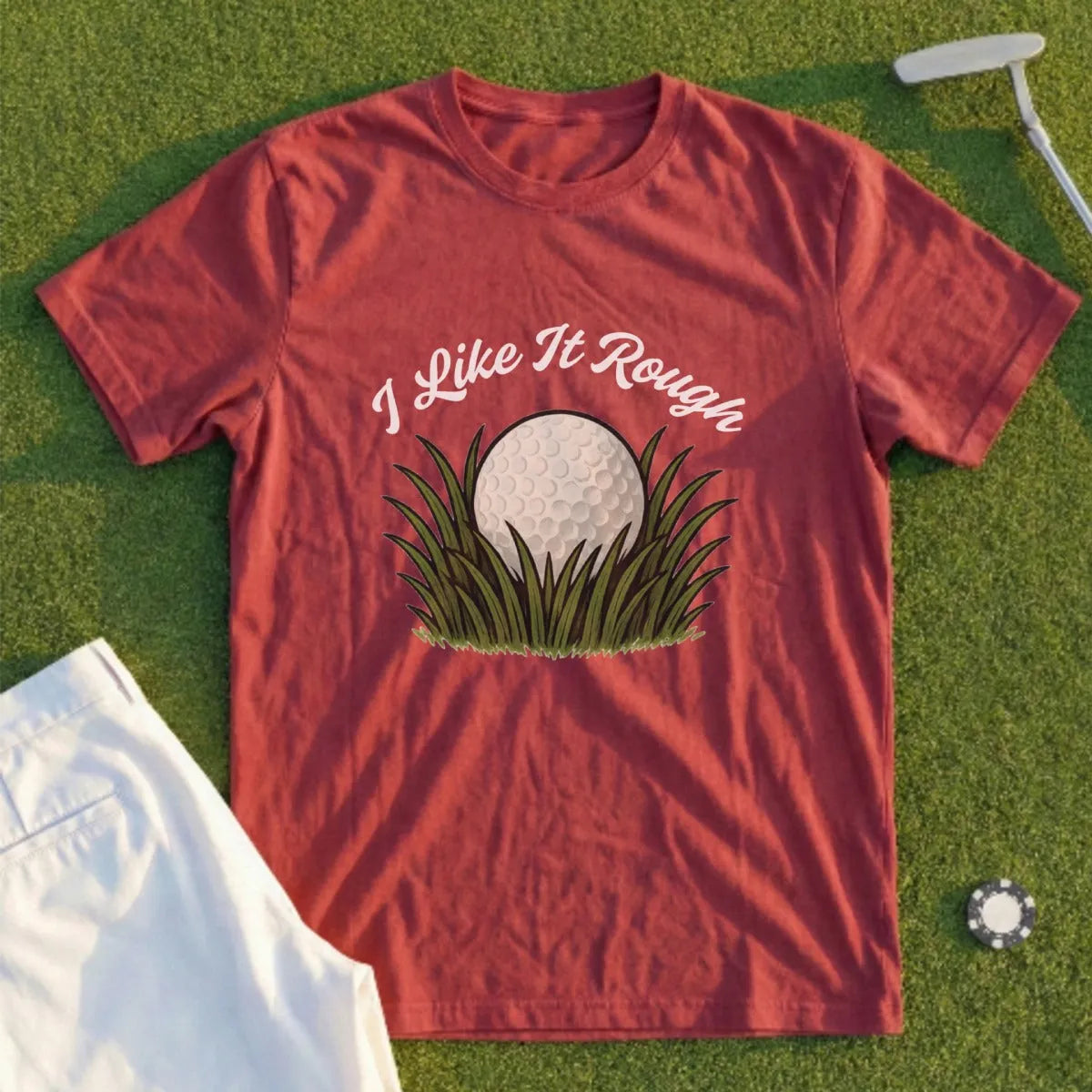 Red t-shirt with "I Like It Rough" and golf ball in grass design.