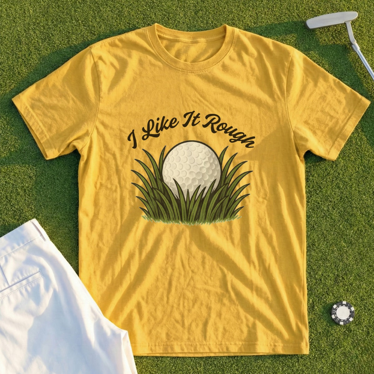 Yellow t-shirt with "I Like It Rough" and a golf ball in grass graphic.