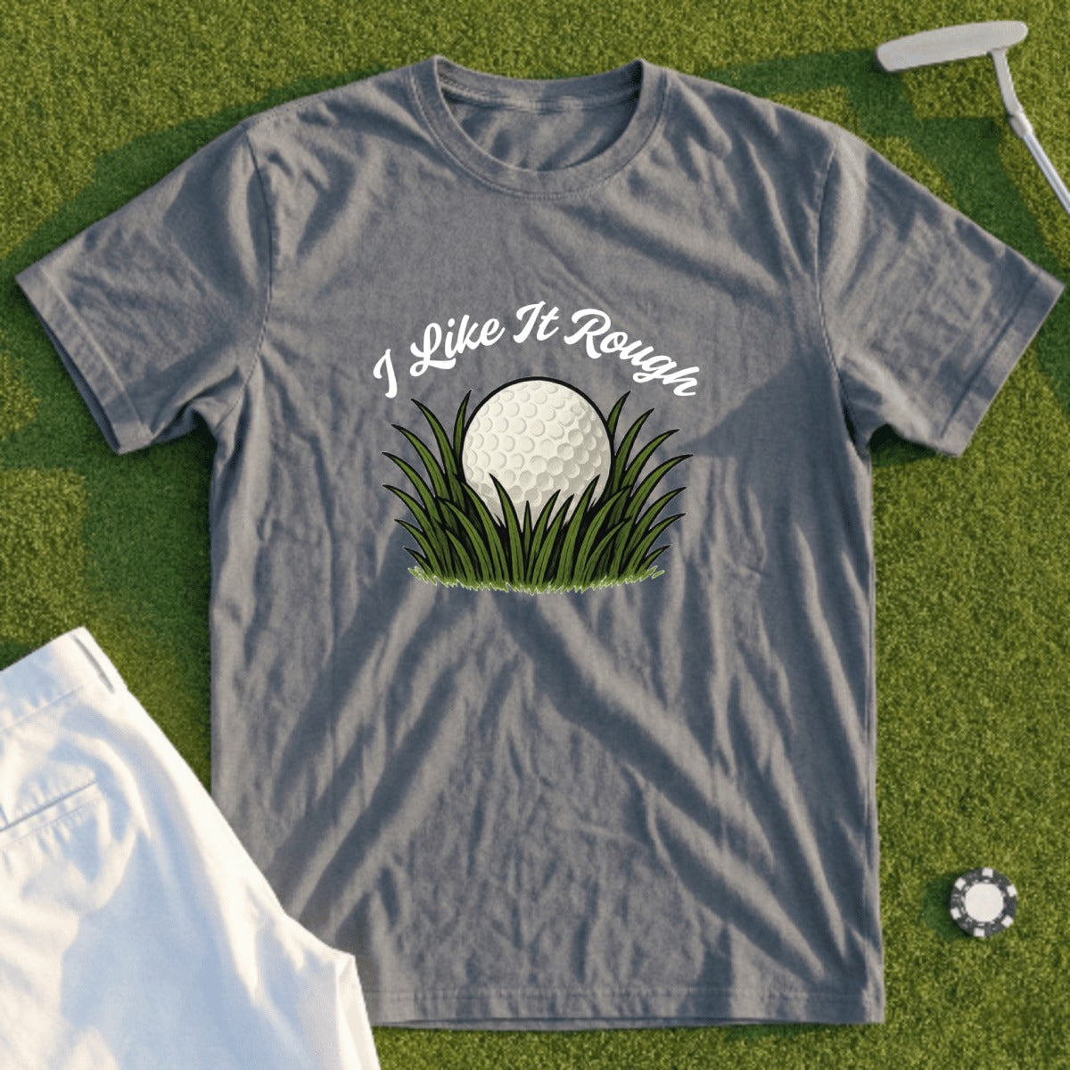Gray t-shirt with "I Like It Rough" and a golf ball in grass.