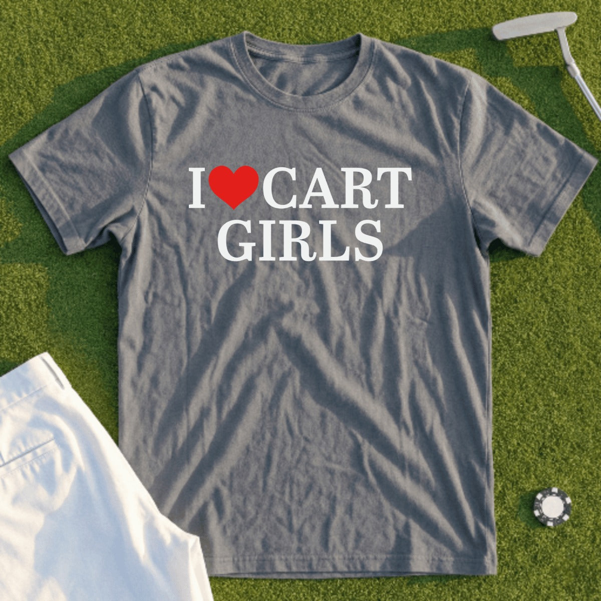 Gray t-shirt with "I ❤️ CART GIRLS" text on grass background.