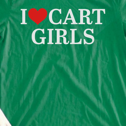 I Love Cart Girls Tee, print close-up on Irish Green