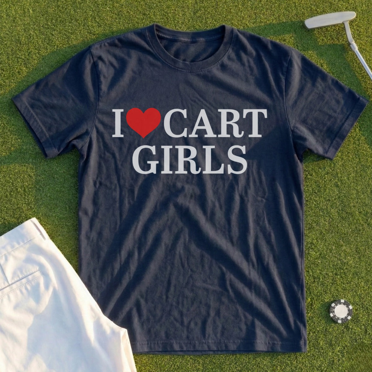 Navy t-shirt with white text "I ❤️ CART GIRLS" and a golf tee.