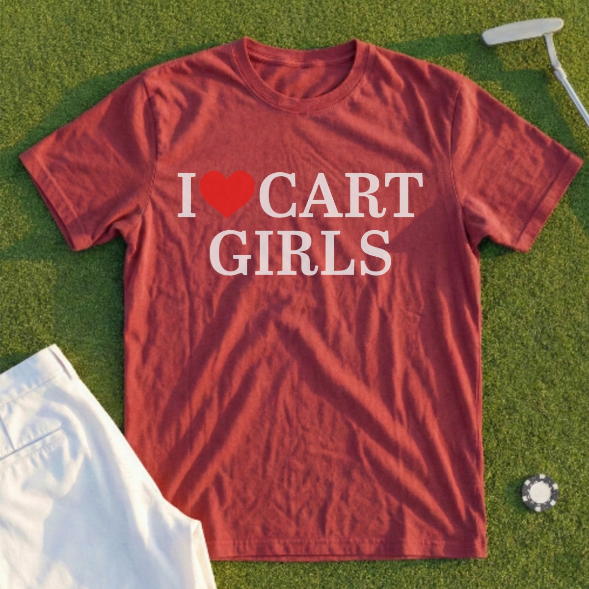 Red t-shirt with "I ❤️ CART GIRLS" text, on a golf course with shorts.