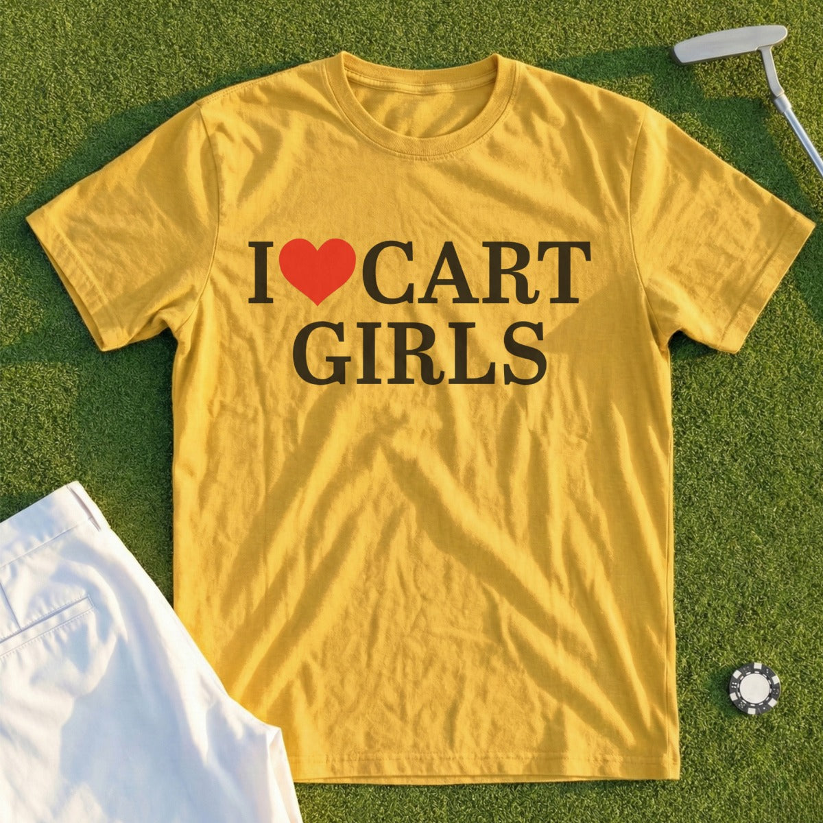 Yellow t-shirt with text "I ❤️ CART GIRLS" and a golf tee and ball.