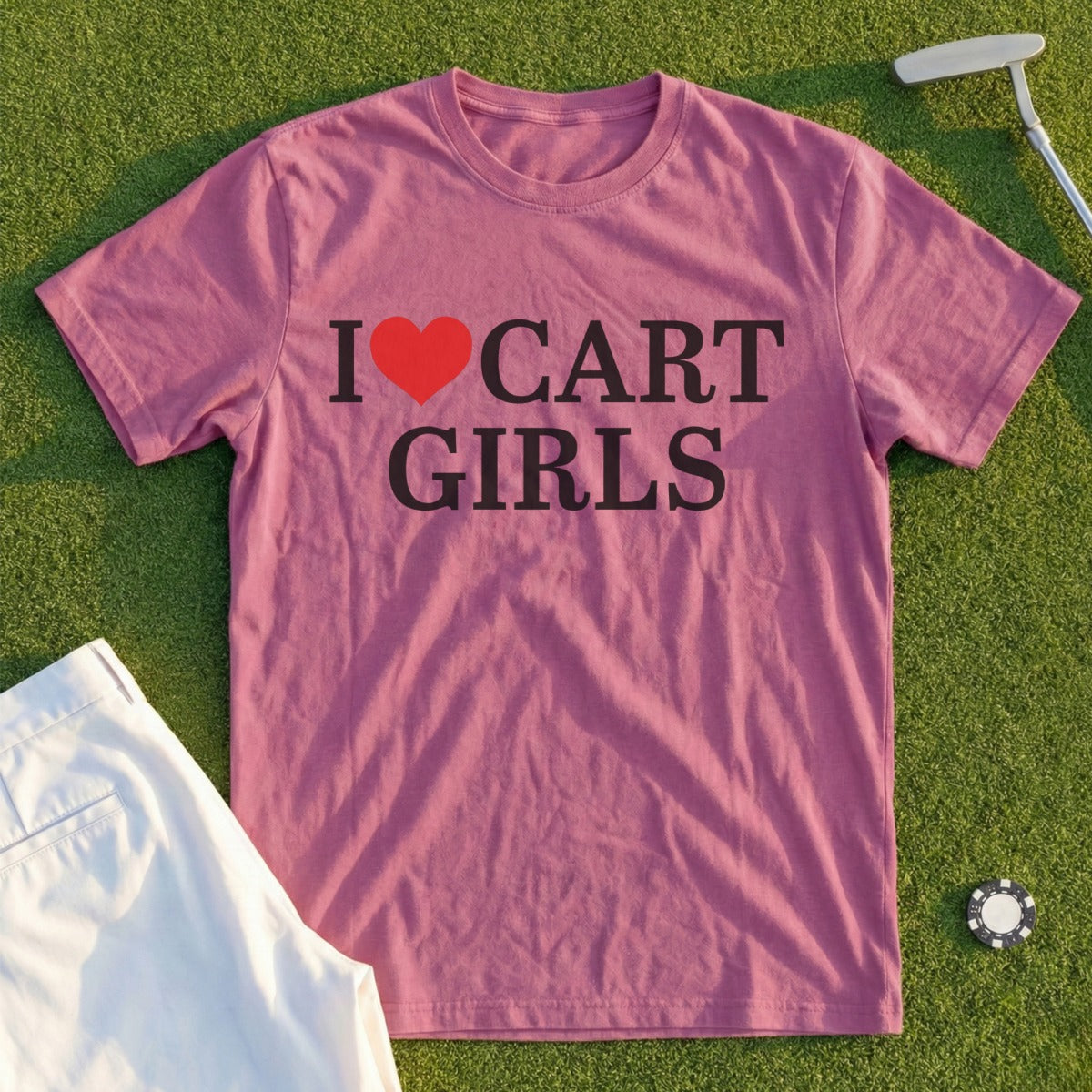Pink t-shirt with black text "I❤️CART GIRLS" and golf apparel.
