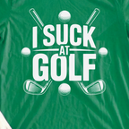 I Suck At Golf T-Shirt, print close-up on Irish Green