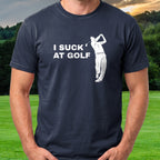 I Suck At Golf Tee worn on the golf course, Navy