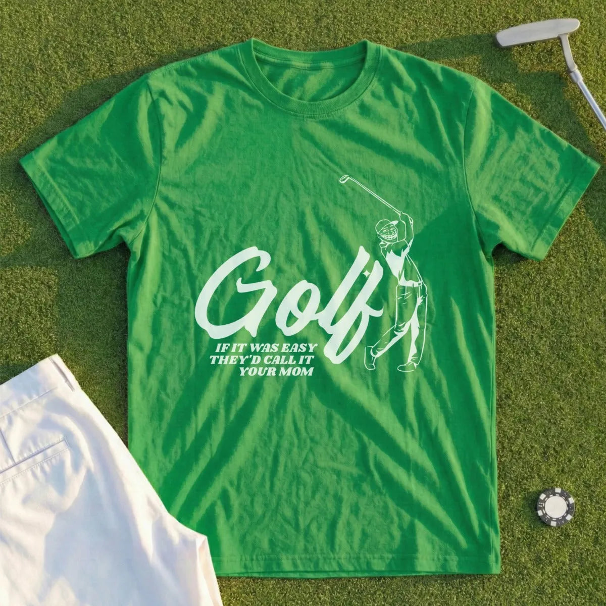 Green t-shirt with "Golf" text and golfer graphic, with quote.