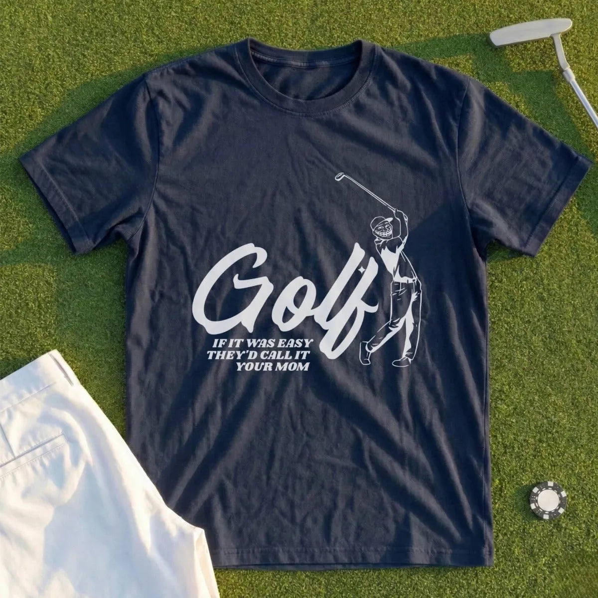 Navy t-shirt with "Golf If it was easy they'd call it your mom" text and golfer graphic.