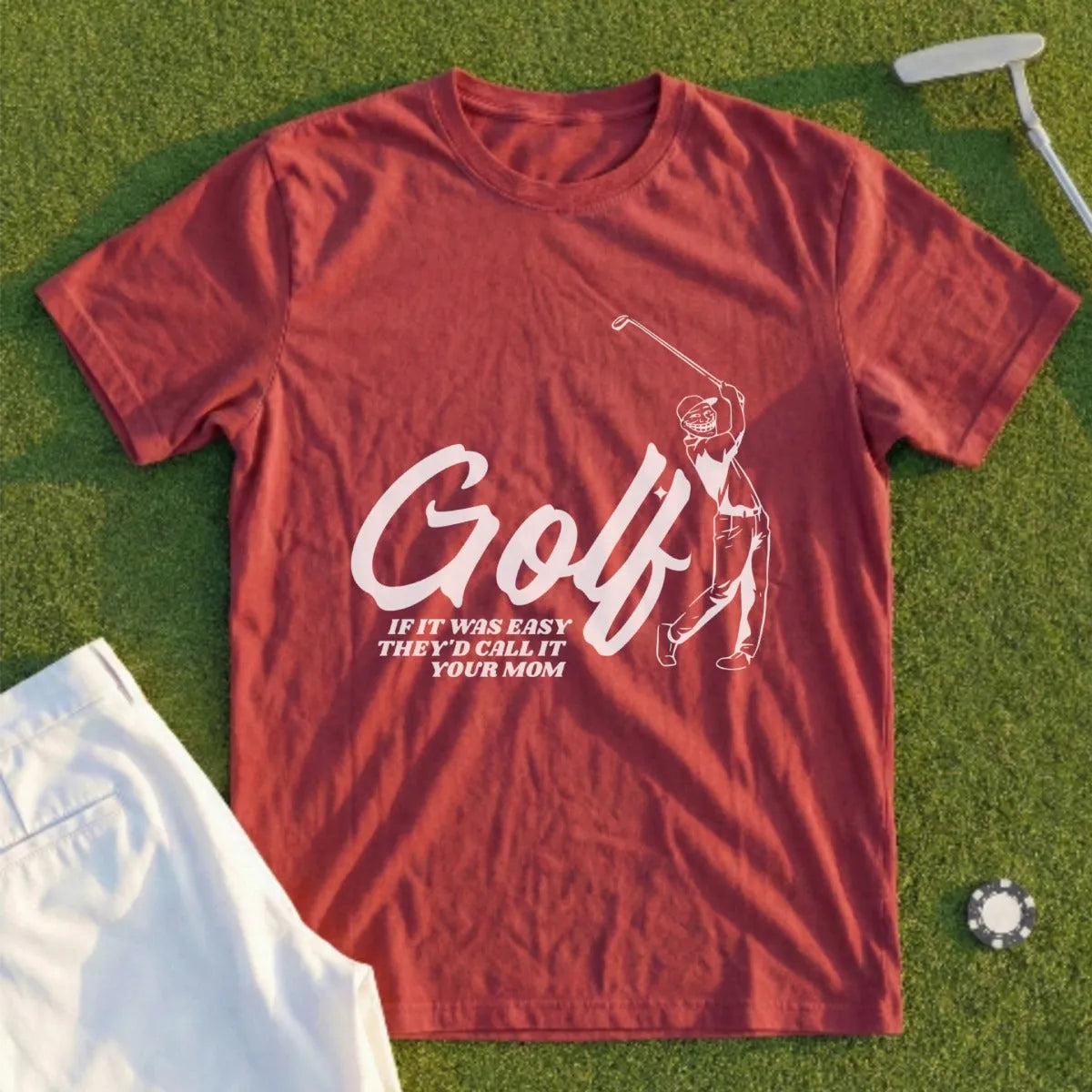 Maroon t-shirt with "Golf" and golfer graphic.