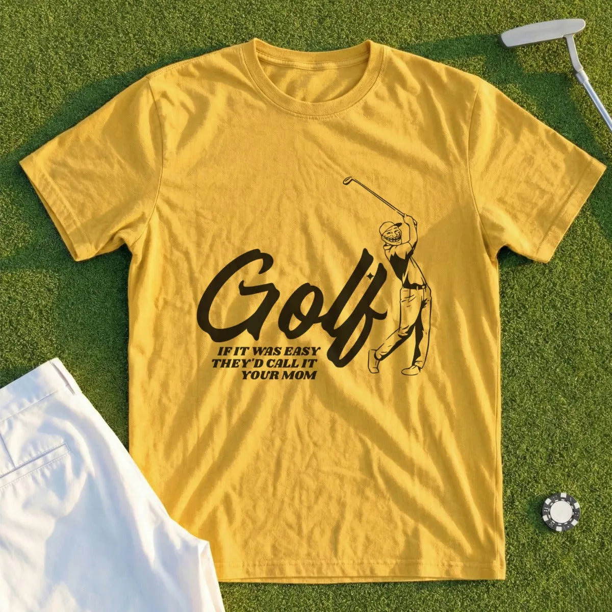 Yellow t-shirt with "Golf If it was easy they'd call it your mom" text and golfer graphic.