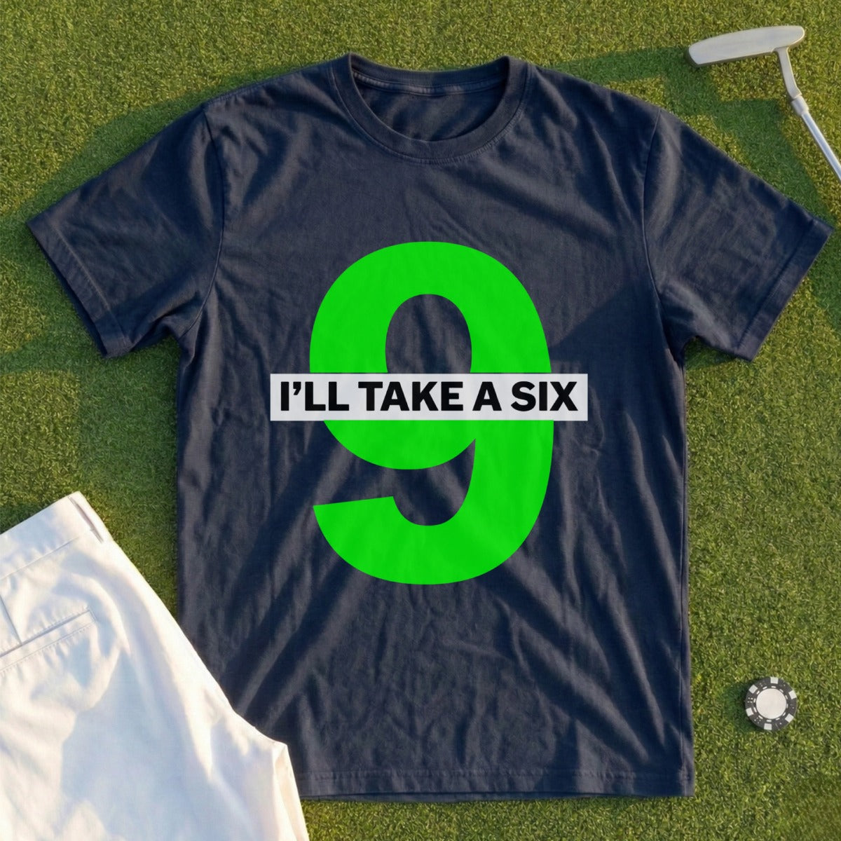 Navy t-shirt with large green number 9 and text "I'LL TAKE A SIX".