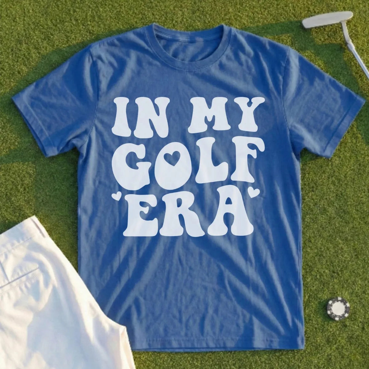 Blue t-shirt with "In My Golf Era" text and a heart.